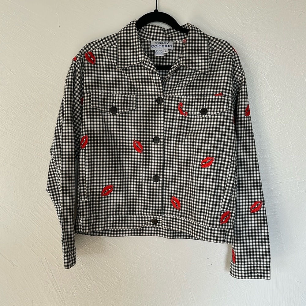 Vintage 80s Plaid Jacket with Embroidered Lips